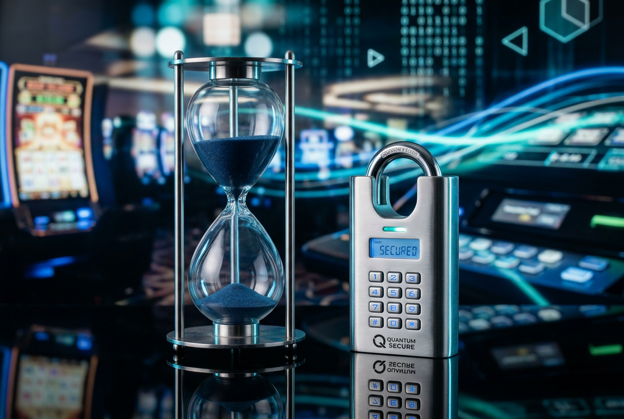 A conceptual image representing time control and digital safety with an hourglass and a padlock