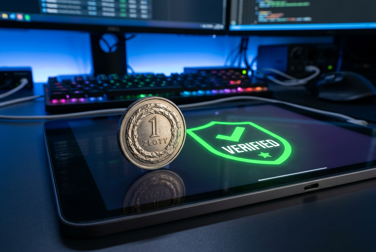 A verification badge next to a 1 PLN coin on a digital screen.