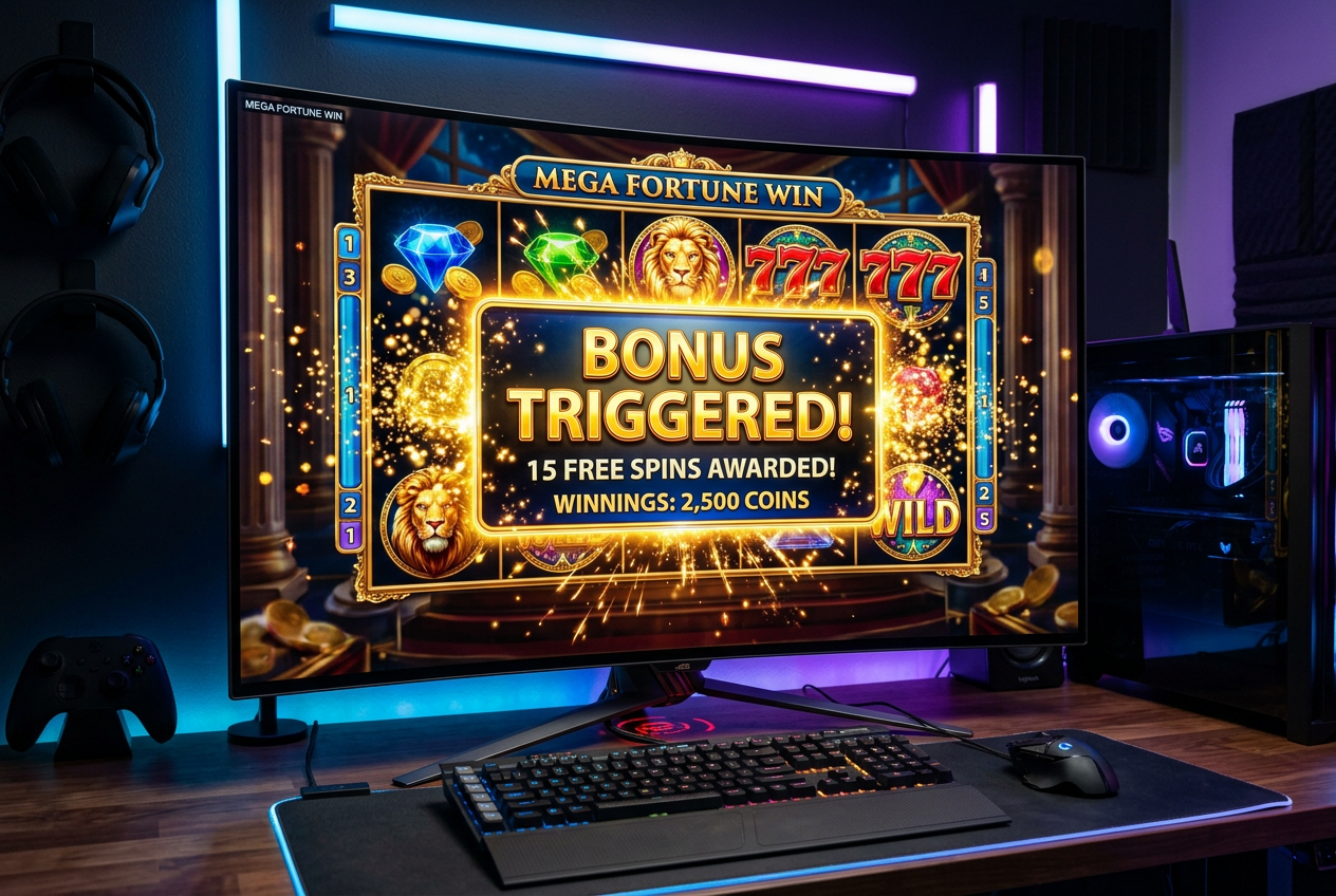 Digital visualization of a slot machine bonus trigger.