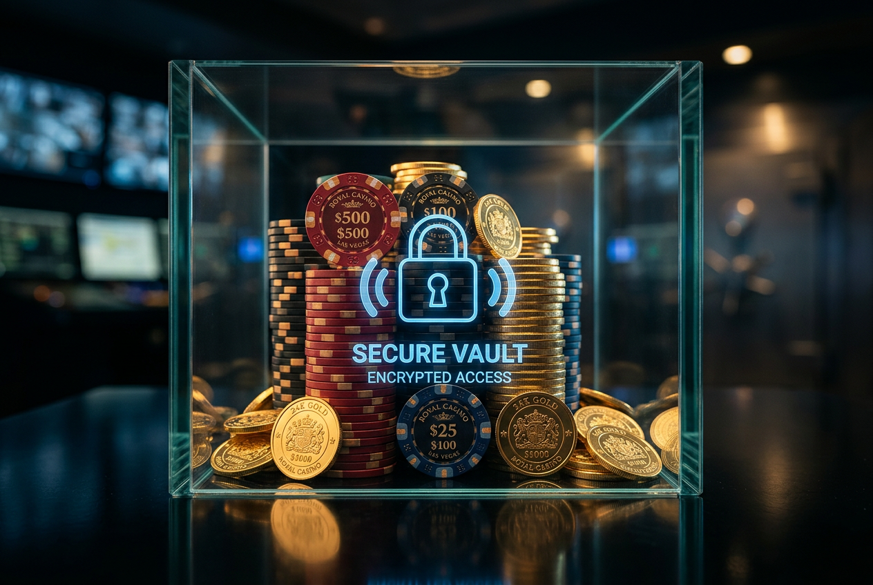 A symbolic image of coins protected by a glass shield and a digital lock.