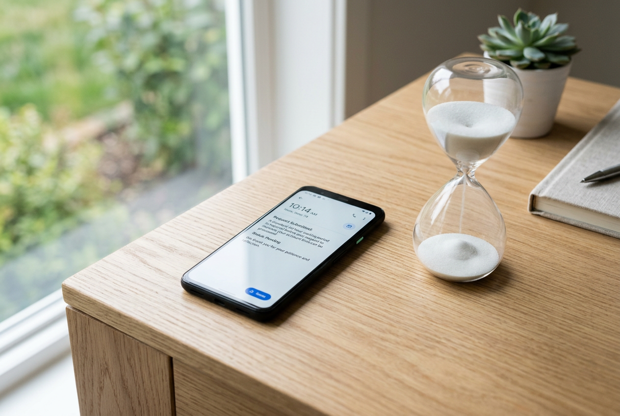 An hourglass or timer symbol next to a smartphone, representing the cooling-off period for limit changes.