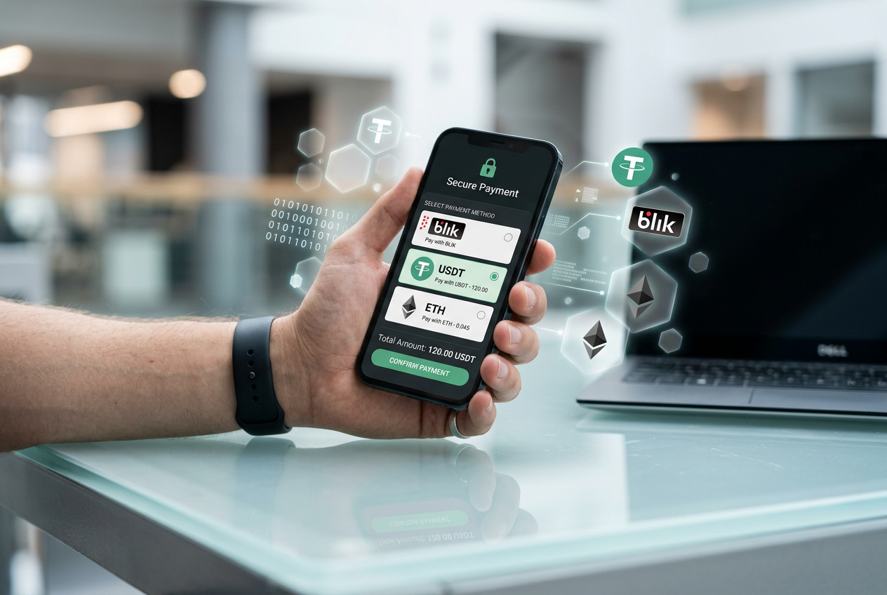 Smartphone displaying a secure payment interface for BLIK and crypto