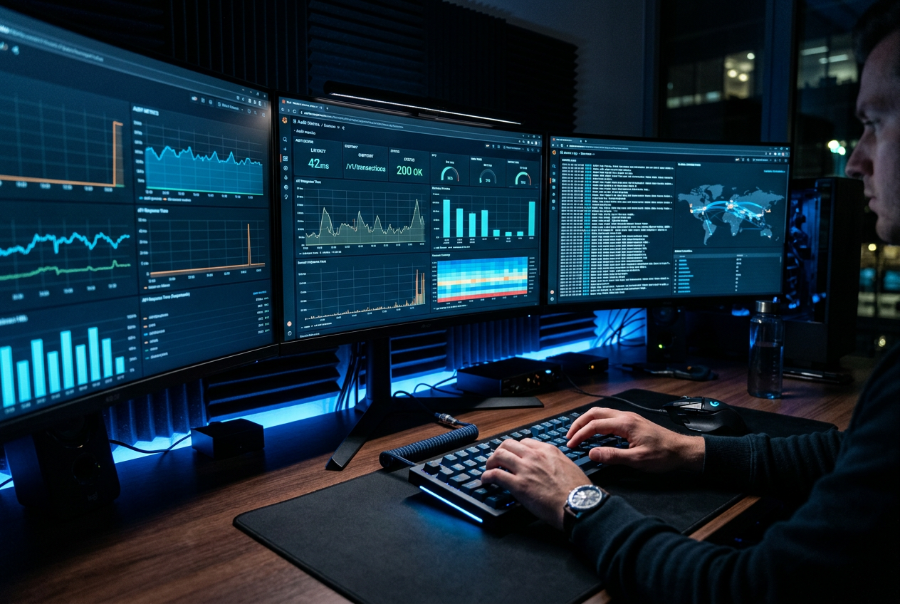 Technical audit dashboard showing server logs and API performance metrics